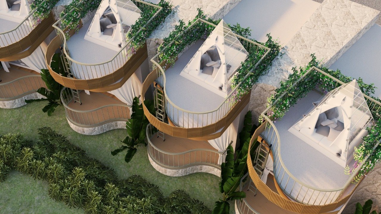 Vista aérea das cabanas com pirâmides de vidro