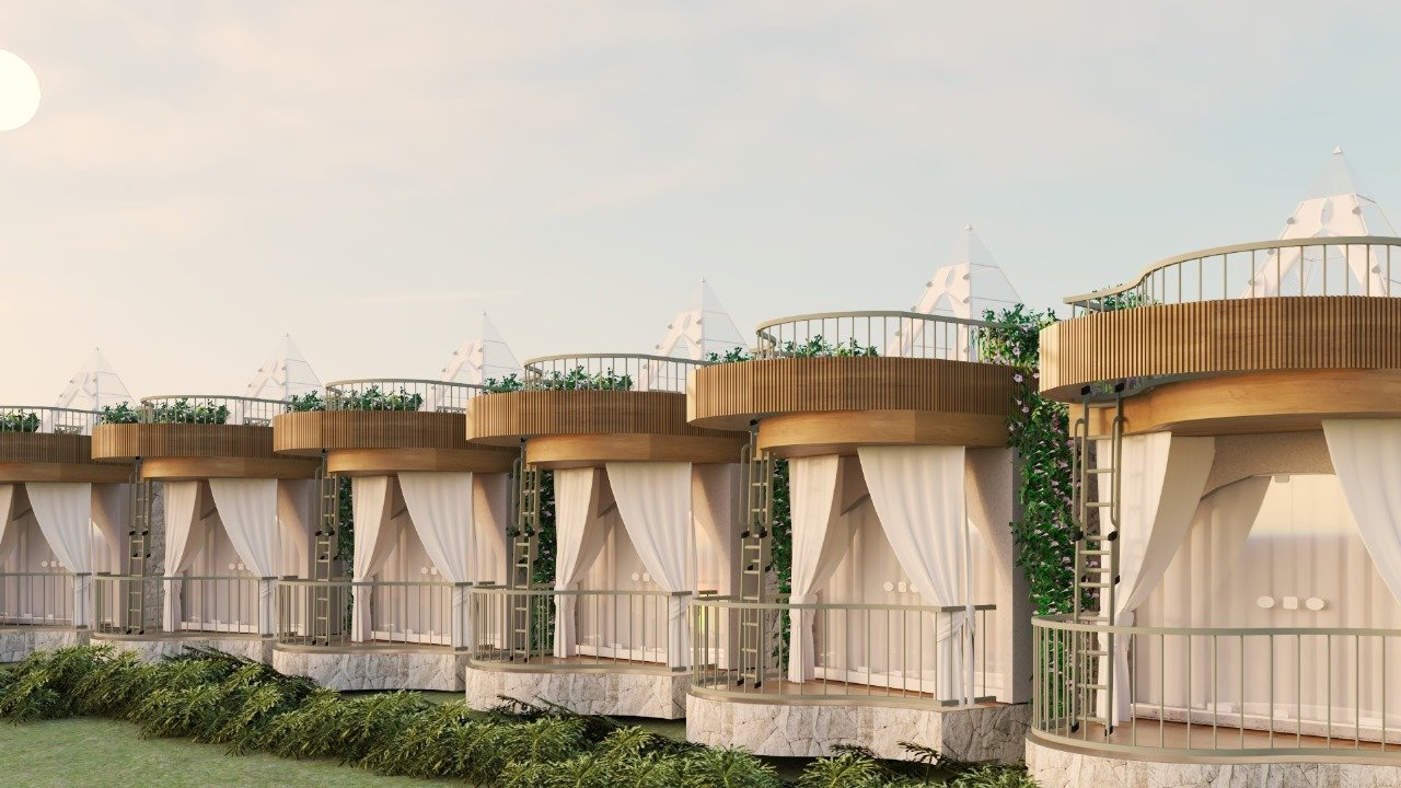 Fileira das 12 cabanas temáticas Sunset City